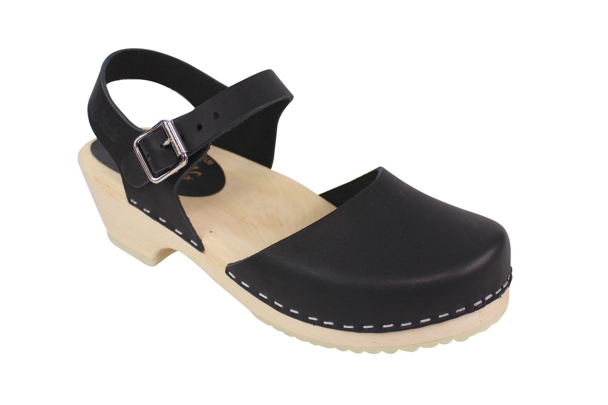 Swedish Clogs Sweden Low Wood Black Leather / Wooden Clogs / 
