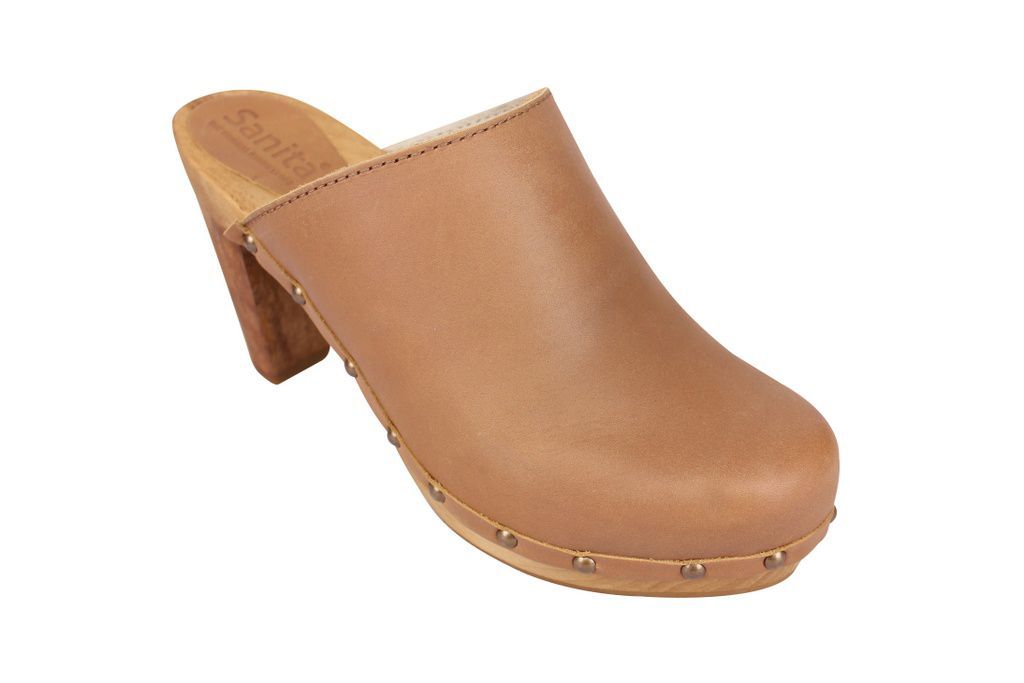 High Heel Studded Clog in Tan Leather 