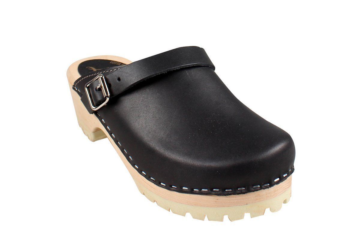 Seconds Classic Tractor sole clogs in black leather and moveable strap