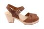 brown clogs in peep toe oiled nubuck with a high heel on a natural wooden clogs base by Lotta from Stockholm