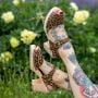 Womens High Heels open toe clogs in leopard print leather on a natural wooden clogs base by Lotta from Stockholm