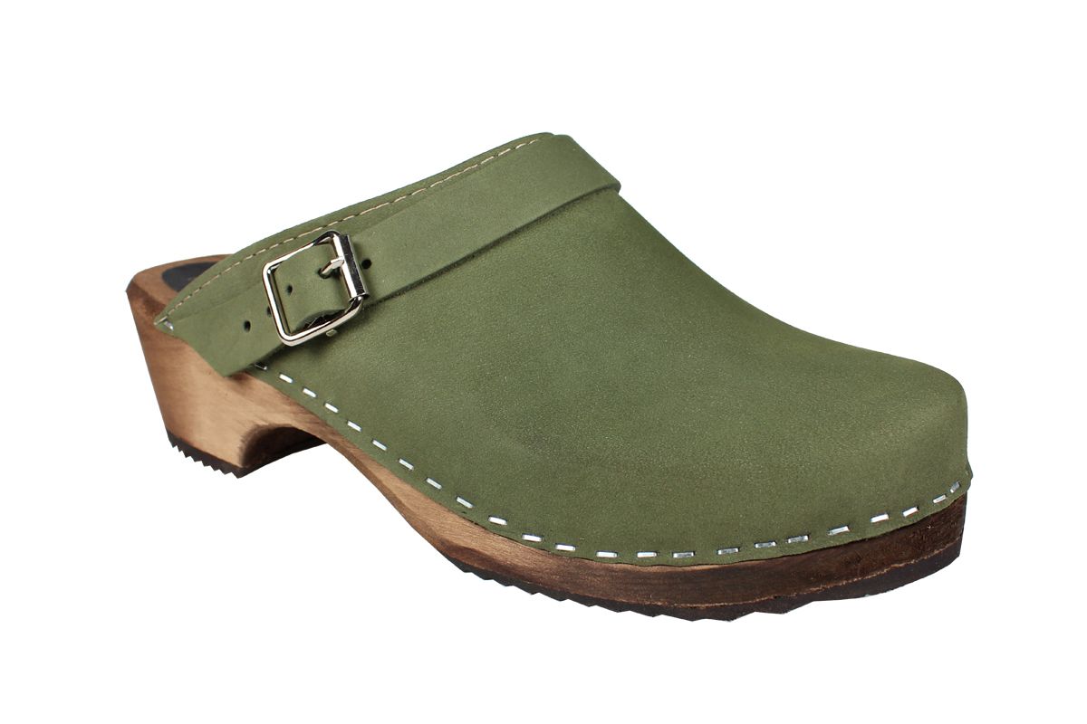 Classic Green Oiled Clogs with strap on Brown Base Seconds