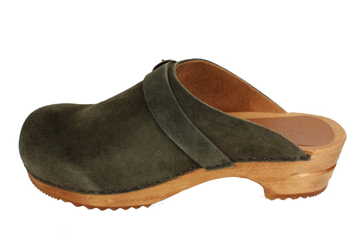 green suede clogs