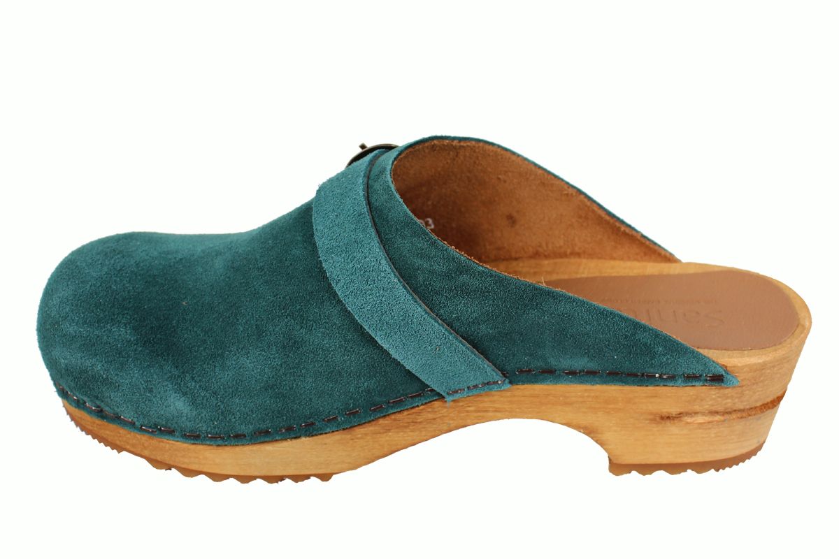 green suede clogs