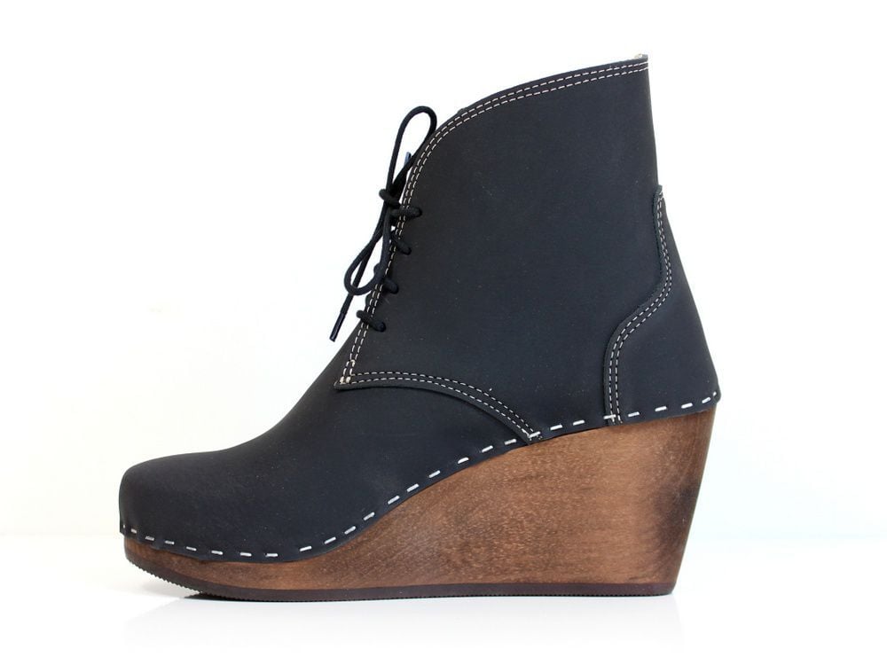 Maguba Casablanca Wedge Clog Boot In Black Leather