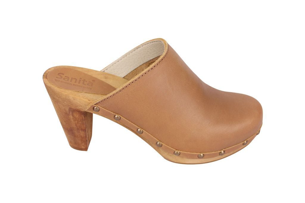 Sanita Super High Heel Studded Clog in Tan Leather. 9cm heel