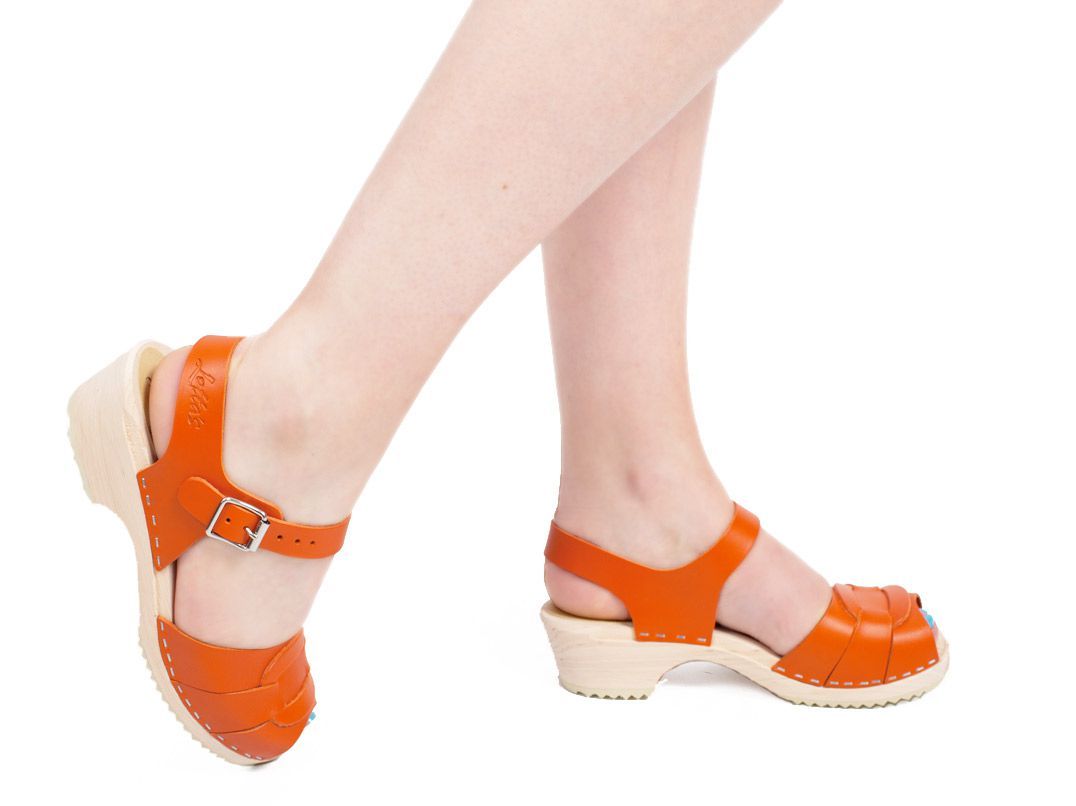 Lotta From Stockholm Womens Low Heel Peep Toe Wooden Clogs in orange ...