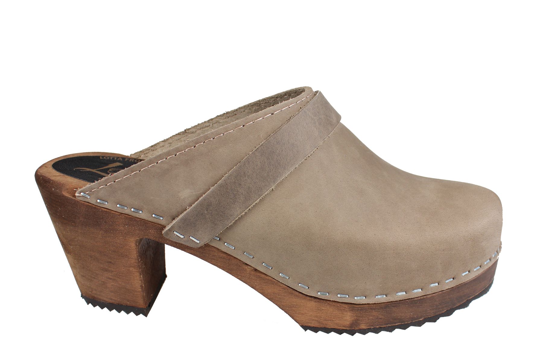 High Heel Classic Clog in Taupe Oiled Nubuck on Brown Base with Strap ...