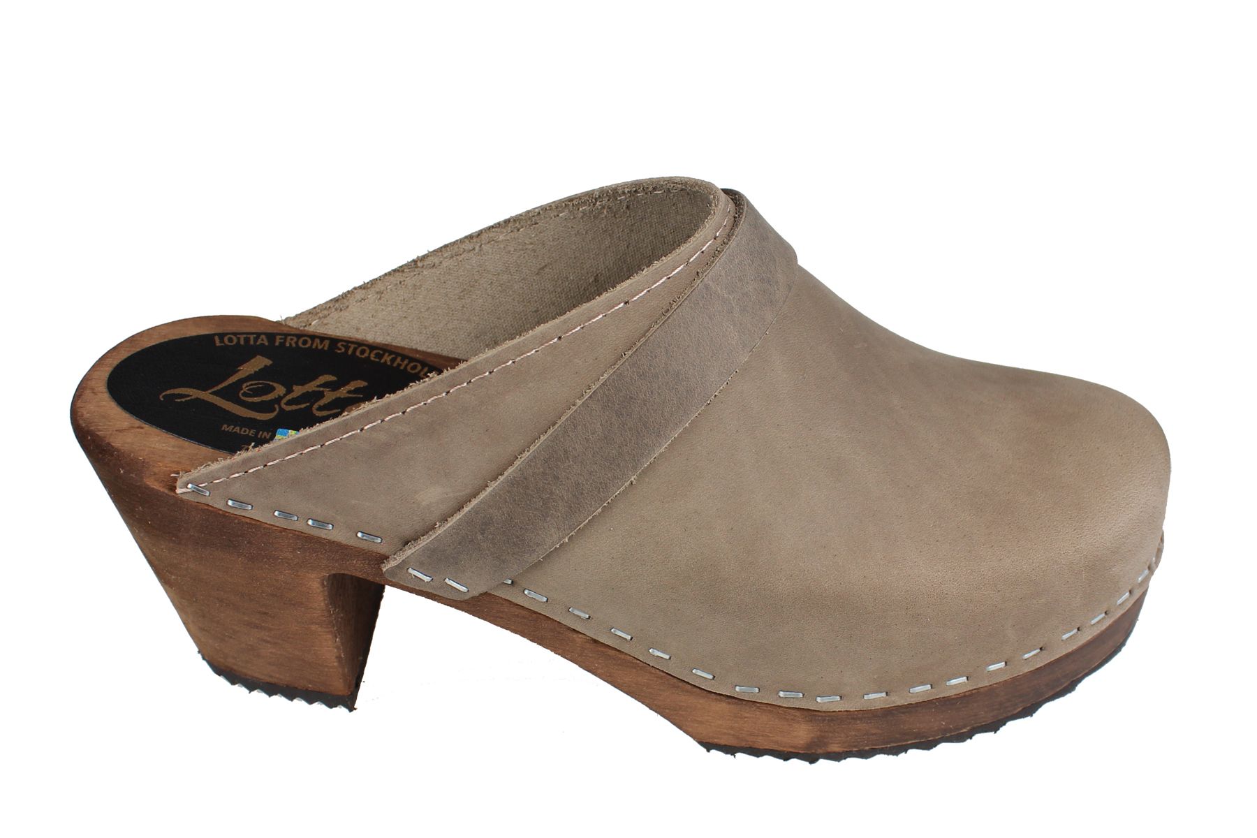 High Heel Classic Clog in Taupe Oiled Nubuck on Brown Base with Strap ...