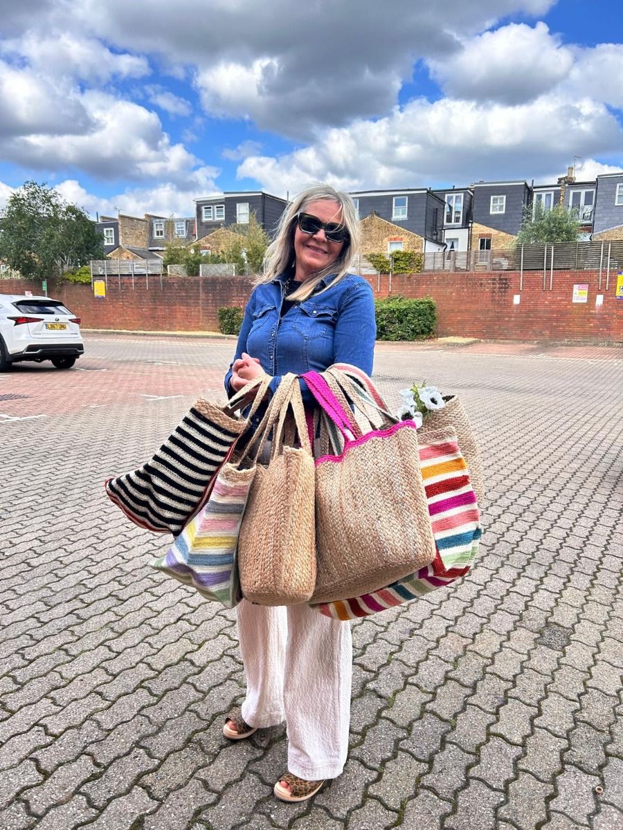 Jute Tote Bag with thistle and rose long handles. Lotta from Stockholm