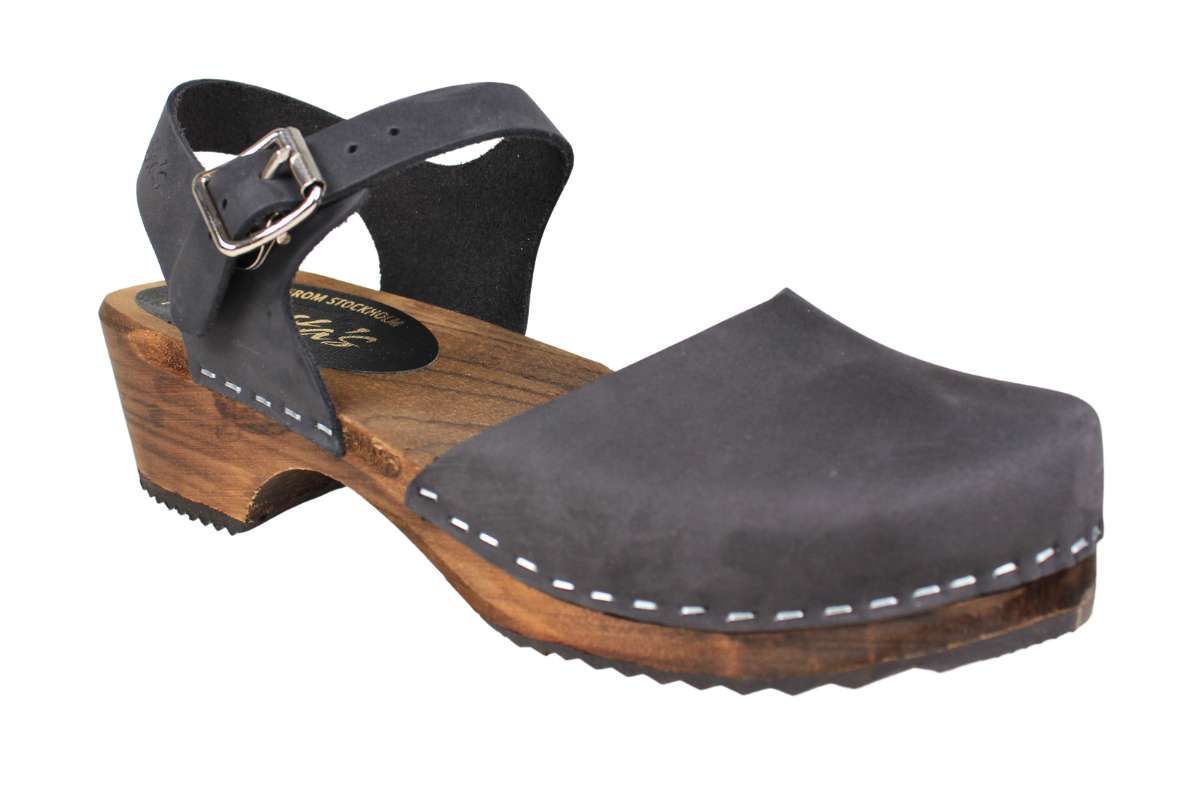 Women's clogs in black oiled nubuck leather, low wood by Lotta from Stockholm