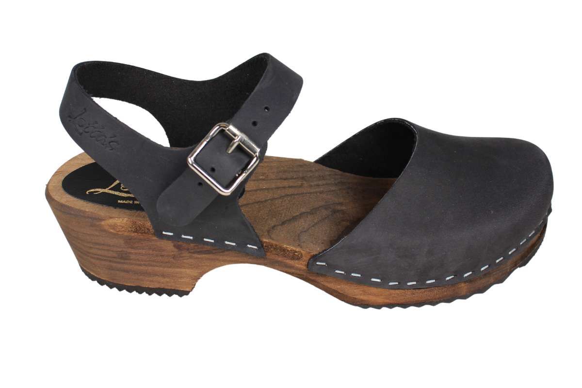 Women's clogs in black oiled nubuck leather, low wood by Lotta from Stockholm